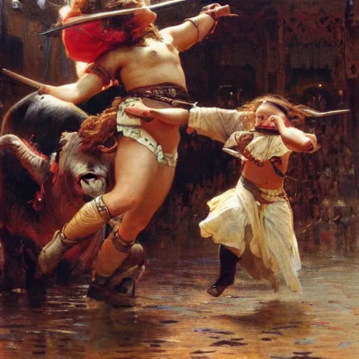 Prompt: a young girl defeating a bull with a sword, blood is splattering, highly detailed painting by gaston bussiere and j. c. leyendecker 8 k