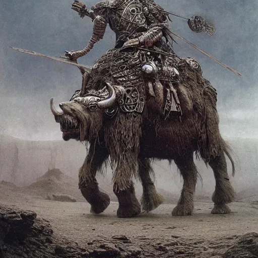 Image similar to ancient norse mammoth rider, wearing norse armor, intricated, hyper detailed, beksinski