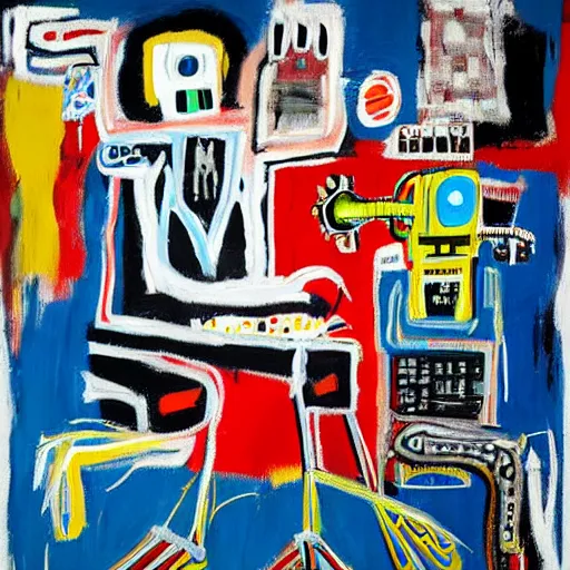 Image similar to basquiat oil painting of robot sneakers, balenciaga,