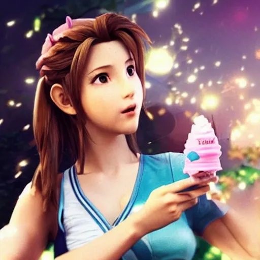 Image similar to Aerith Gainsborough from Final Fantasy VII Remake eating an ice cream cone