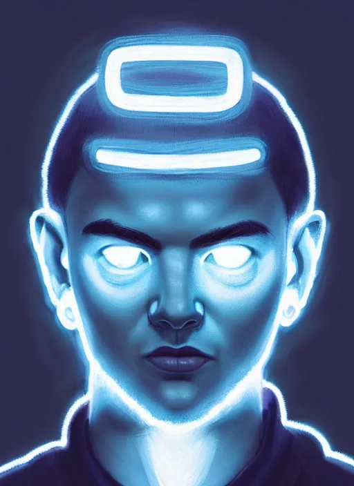 Image similar to portrait of high school senior boy named big moose, blonde short hair, jock, beefy, wide face, square jaw, square facial structure, blue varsity jacket with letter r, intricate, elegant, glowing lights, highly detailed, digital painting, artstation, concept art, sharp focus, illustration, art by wlop, mars ravelo and greg rutkowski