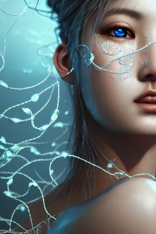 Image similar to intricate highly detailed face portrait of asian - european woman, light blue water vines on her face, intricate, cgsociety, unreal engine, octane render, sharp focus, smooth, volumetric lighting, cinematic composition, artstation