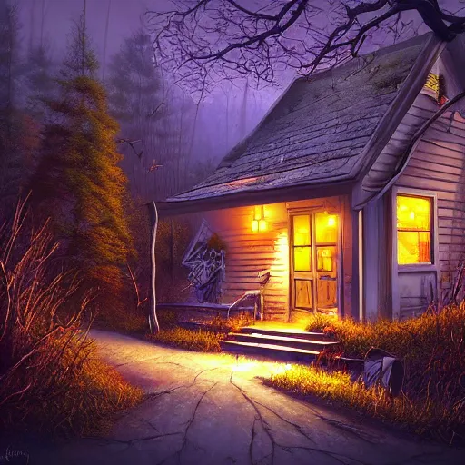 Image similar to cottage inspired by Evgeny Lushpin,overgrown,hunted,spooky, Halloween October, sunset