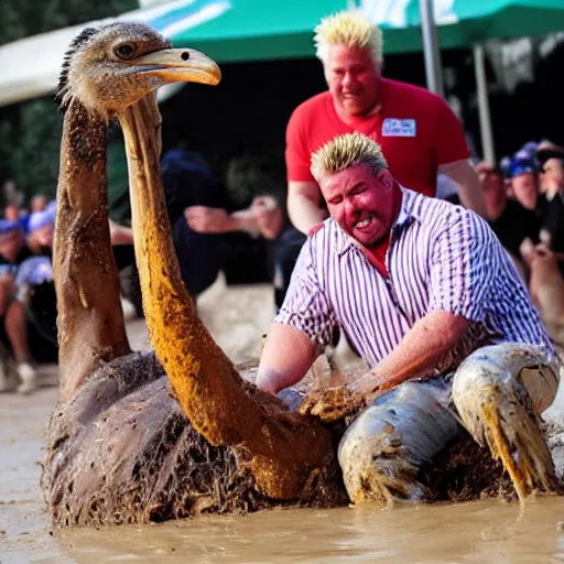 Image similar to guy fieri high mud wrestling an ostrich