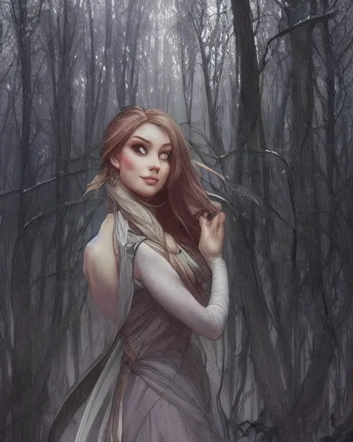 Image similar to elsa portrait, winter, somber, sad, black dress, low light, foggy at dawn, sunlight visible through tree leaves, misty, magic, atmospheric art by artgerm and greg rutkowski and alphonse mucha and by artgerm, by studio muti, greg rutkowski makoto shinkai takashi takeuchi,