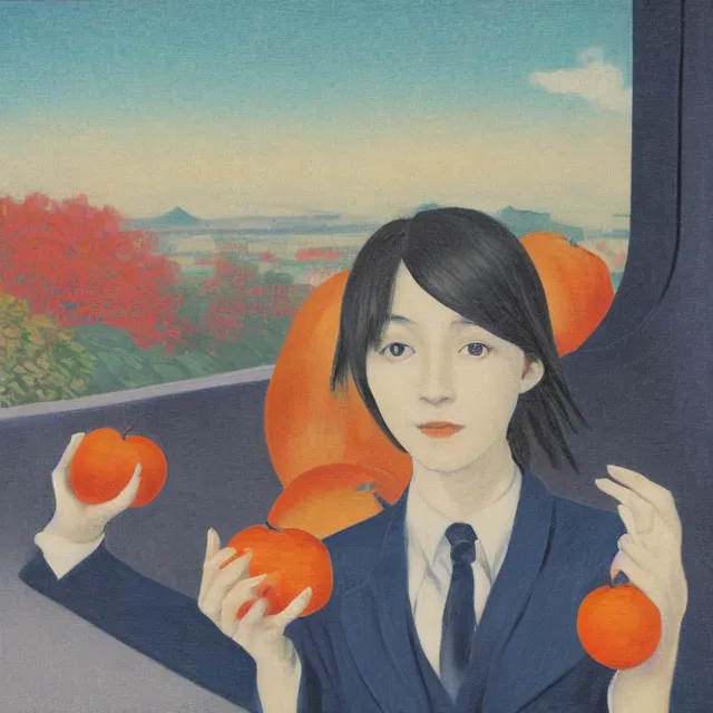 Prompt: tall emo girl artist holding small portraits and a persimmon on a train, on shinkansen in japan, odawara station, odawara castle, autumn leaves, pigs, octopus, acrylic on canvas, surrealist, by magritte and monet