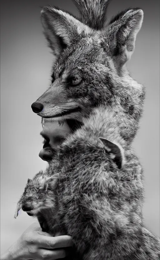 Image similar to Award winning Editorial photo of a Iroquois Native petting a wild coyote by Edward Sherriff Curtis and Lee Jeffries, 85mm ND 5, perfect lighting, gelatin silver process