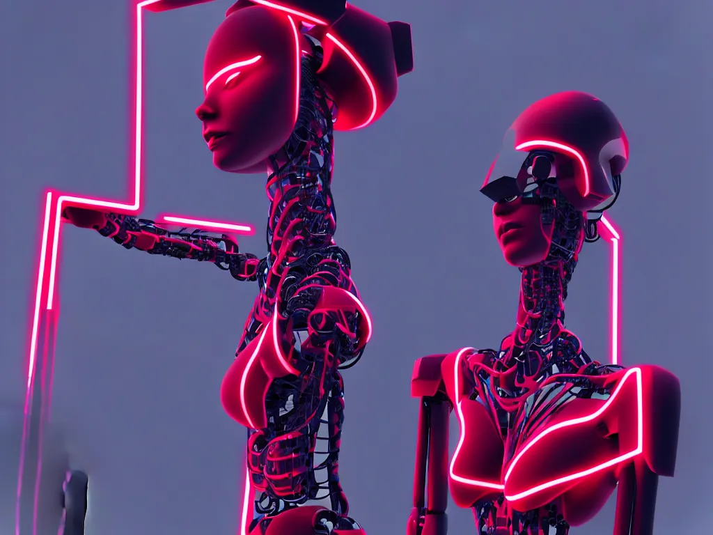 Image similar to beautiful tall female robot printed with red and black 3 d geometrical neon guarding a wall of computers!!!!!!!!!! + flowering vaporwave orchids!!!, clean linework, dramatic, uncanny valley, insanely detailed, 4 k, trending on artstation, photorealistic, award winning, rule of thirds, volumetric lighting, octane render