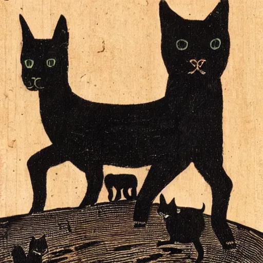 Image similar to 19th century woodcut, two black cats sitting on the back of a llama in the Andes