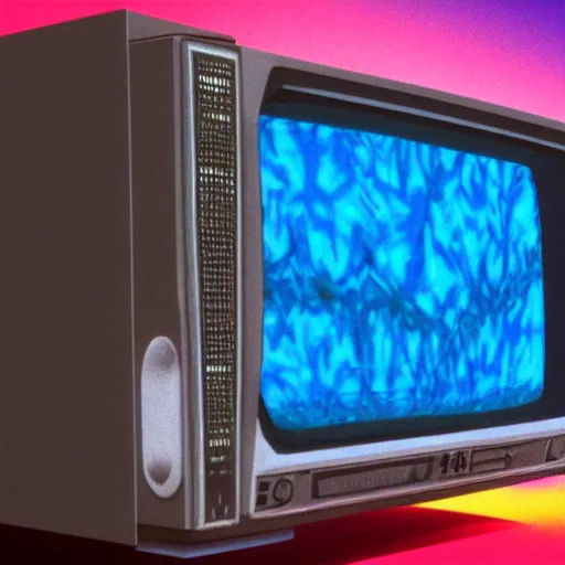 Prompt: 1989 broken VHS cassette tape, my vcr is oozing glowing slime , glitchy vhs video on my 24 inch CRT television set, rendered in UE5 with ray tracing