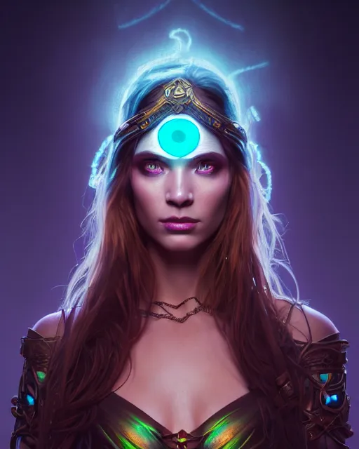 Prompt: epic fantasy render portrait of a beautiful bioluminescent woman with glowing eyes, dark retrowave, highly detailed, digital painting, cinematic, hyperrealism, rpg portrait, dynamic lighting, art by stefan kostic and magali villeneuve and alphonse mucha, artstation, octane render, cgsociety