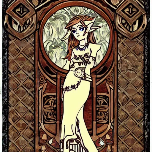 Image similar to the legend of Zelda, in the style of art nouveau,