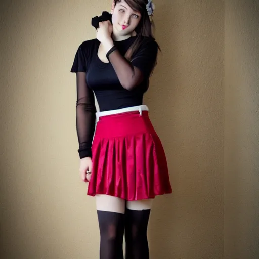 Image similar to full-length photo of cute beautiful 18 year old girl in skirt, thigh highs and corset