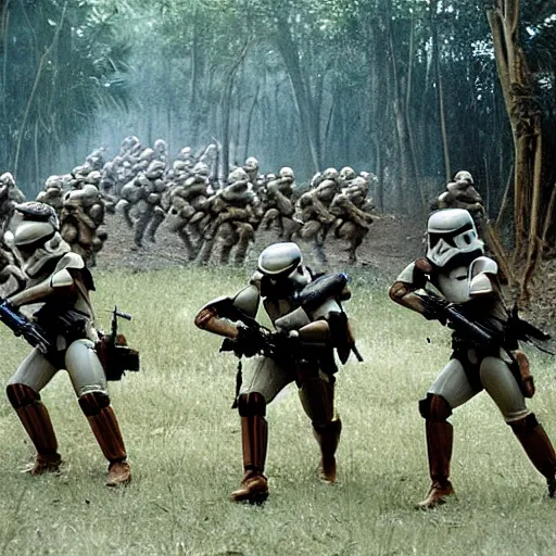 Image similar to star wars clone troopers combat soldiers in vietnam, photo, old picture, lush landscape, jungle, firearms, explosions, helicopters, aerial combat, active battle zone, flamethrower, air support, jedi, land mines, gunfire, violent, star destroyers, star wars lasers, sci - fi, jetpacks, agent orange, bomber planes, smoke, trench warfare