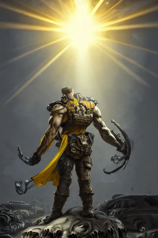 Image similar to a full body shot from distance of a super soldier with a Ukrainian yellow and blue flag standing in the beam of light from the clouds on a pile of skulls and rotten cars, western, masculine figure, D&D, fantasy, intricate, elegant, highly detailed, digital painting, artstation, concept art, matte, sharp focus, symmetrical, illustration, art by Artgerm and Greg Rutkowski and Alphonse Mucha