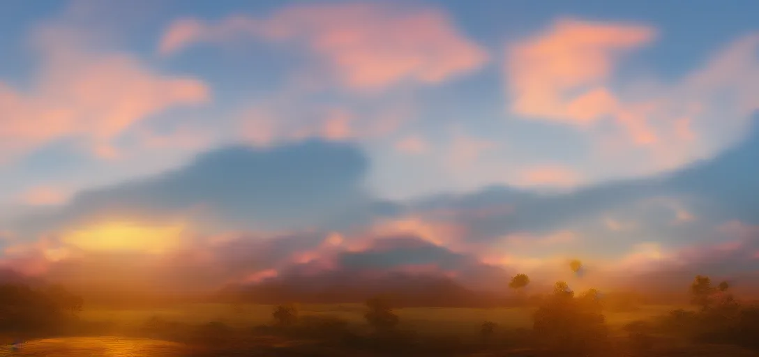 Image similar to peaceful puffy cloud with sunset in the background, matte painting, trending on artstation, artstationHQ, unreal engine, 4k, 8k, anime style