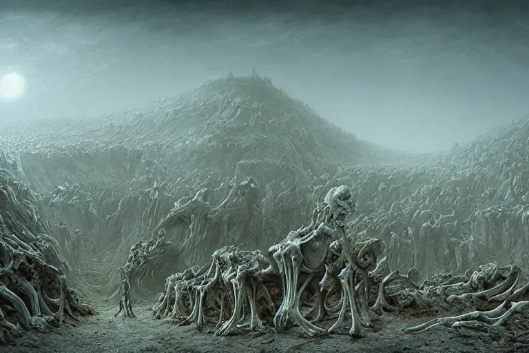 Image similar to amazing concept painting of the Valley of Dry Bones, by Jessica Rossier and HR giger and Beksinski, prophecy, hallucination, the middle of a valley; it was full of bones, bones that were very dry, there was a noise, a rattling sound, and the bones came together, bone to bone , I looked, and tendons and flesh appeared on them and skin covered them, but there was no breath in them and breath entered them, they came to life and stood up on their feet a vast army