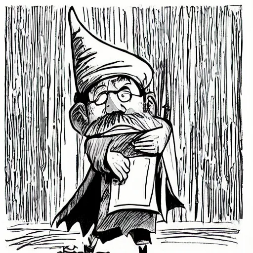 Prompt: neat ink drawing of cartoon wizard in robe and hat by Bill Waterson by Rutkowsky,