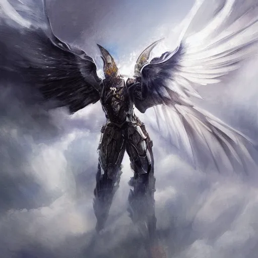 Image similar to an archangel in heavy armor descending from the clouds, artstation hall of fame gallery, editors choice, # 1 digital painting of all time, most beautiful image ever created, emotionally evocative, greatest art ever made, lifetime achievement magnum opus masterpiece, the most amazing breathtaking image with the deepest message ever painted, a thing of beauty beyond imagination or words