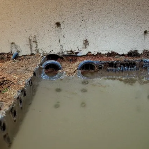 Image similar to bunker, flooded, dirty water, dense rusty pipes network, dense cables network, mold