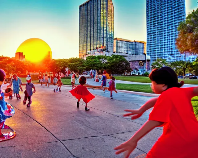 Image similar to Hispanic Granny In A Red MuMu Throwing A Slide Sandal At A Bunch Of Kids Running Away From Her, Anime Style, Manga Style, 8K, HDR, San Antonio Texas Cityscape Sunset, HDR, volumetric lighting, Hyperrealistic-H 960