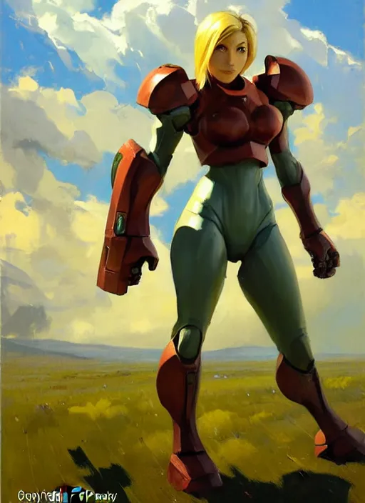 Image similar to Greg Manchess painting of Samus from Metroid Prime, countryside, calm, fantasy character portrait, dynamic pose, above view, sunny day, thunder clouds in the sky, artwork by Jeremy Lipkin and Giuseppe Dangelico Pino and Michael Garmash and Rob Rey, very coherent asymmetrical artwork, sharp edges, perfect face, simple form, 100mm