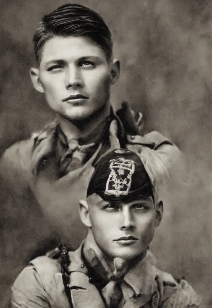 Prompt: 1920s portrait photograph of Jensen Ackles, dressed as Soldier Boy, highly detailed photograph, proportionate face, handsome face, 108 megapixels, realistic