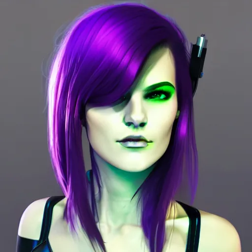 Image similar to cyberpunk girl with purple and green hair, headshot, tending on artstation, 8k