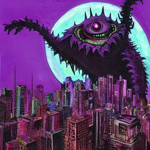 Image similar to A beautiful painting of a large, monster looming over a cityscape. The monster has several eyes and mouths, and its body is covered in spikes. It seems to be coming towards the viewer, who is looking up at it in fear. neon purple, realism, infrared by Dustin Nguyen