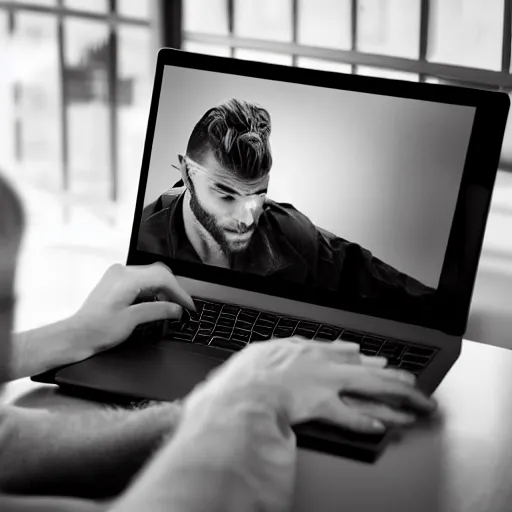 Image similar to the gigachad watching a video on a laptop, photorealistic, ultra detailed, high resolution, 8 k, black and white