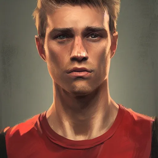 Image similar to Portrait of a man by Greg Rutkowski, he is about 30 years old, short blond hair, athletic and strong, straight jaw, wearing red tank top, older brother vibes, highly detailed portrait, digital painting, artstation, concept art, smooth, sharp foccus ilustration, Artstation HQ.