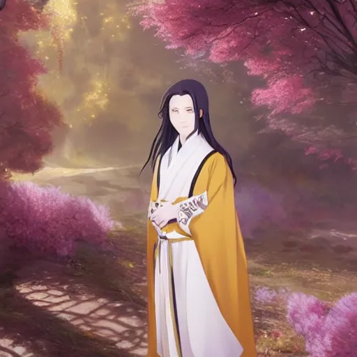 Image similar to a young beautiful prince, golden eyes, long black hair, white hanfu, elegant, intricate, backlit, incredible lighting, strong rim light, subsurface scattering, photorealistic anime, epic beautiful landscape, cherry trees, highly detailed, digital painting, by Heise Jinyao, Heise-Lian Yan Fang, Feimo, Rossdraws, Sakimichan HDRI, vivid colors, high contrast, trending on artstation 8k