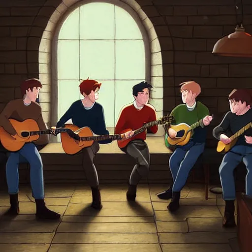 Image similar to five irishmen in aran sweaters singing in a pub, one is playing an acoustic guitar, highly detailed, digital painting, concept art, sharp focus, by makoto shinkai