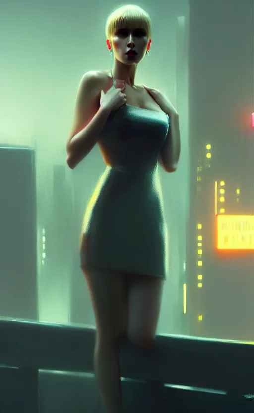 Image similar to hyper - realistic, digital matte painting of an attractive blonde femme fatale woman, blade runner environment, cinematic lighting, 4 k textures, sharp focus, by greg rutkowski, by ilya kuvshinov, by eric - anthony johnson