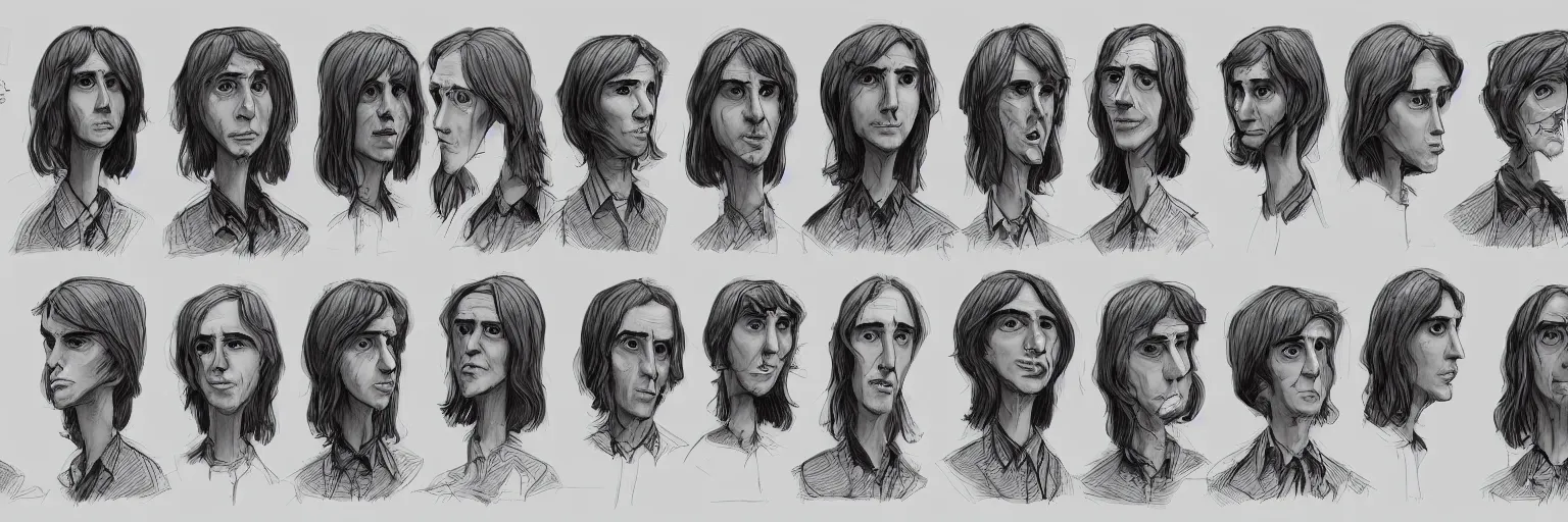 Prompt: character study of paul dano and tim burton, clear faces, emotional, character sheet, fine details, concept design, contrast, kim jung gi, pixar and da vinci, trending on artstation, 8 k, full body and head, turnaround, front view, back view, ultra wide angle