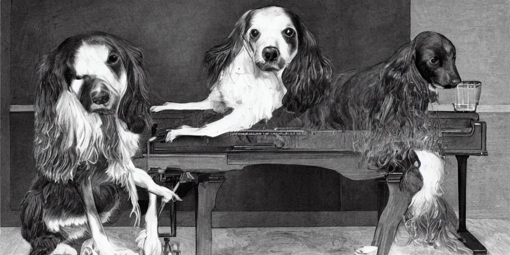 Image similar to sprocker Spaniel playing piano with a Martini on the side, illustration, b&w