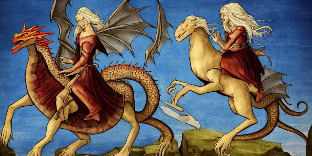 Image similar to Daenerys Targaryen riding on a dragon, medieval painting, epic