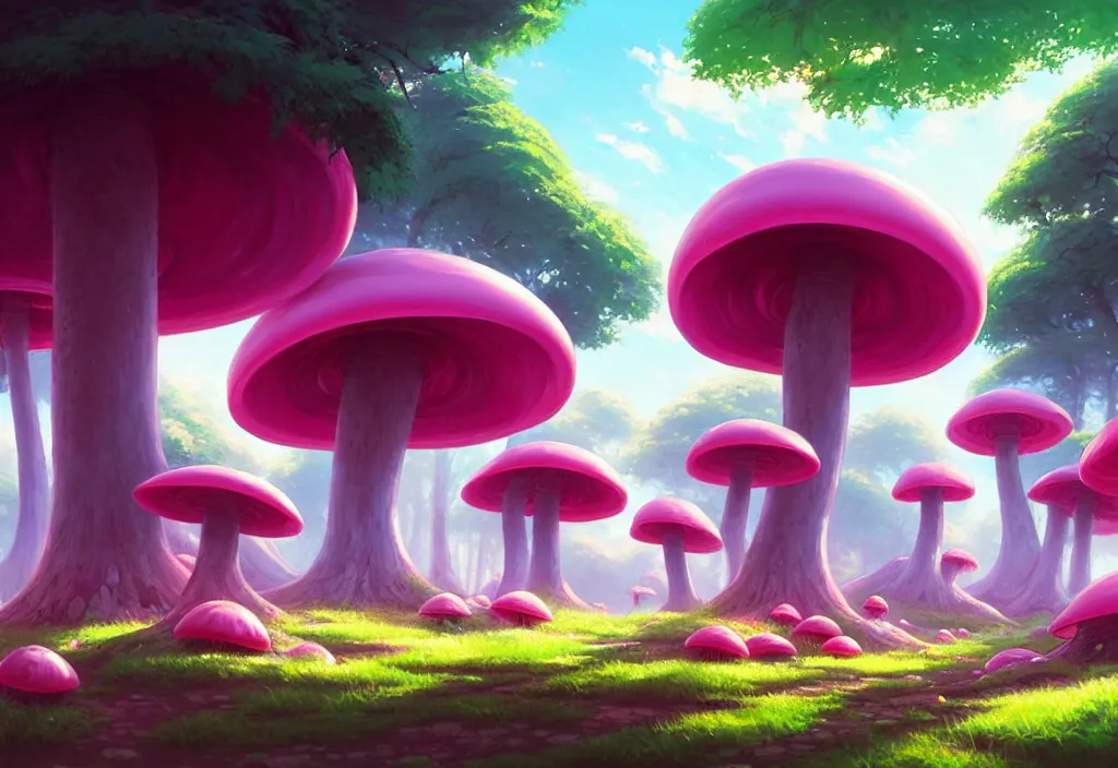 Image similar to futuristic giant pink mushrooms in a forest, intricate oil painting, high detail illustration, sharp high detail, manga and anime 1 9 9 9, official fanart behance hd artstation by jesper ejsing and makoto shinkai, 4 k,