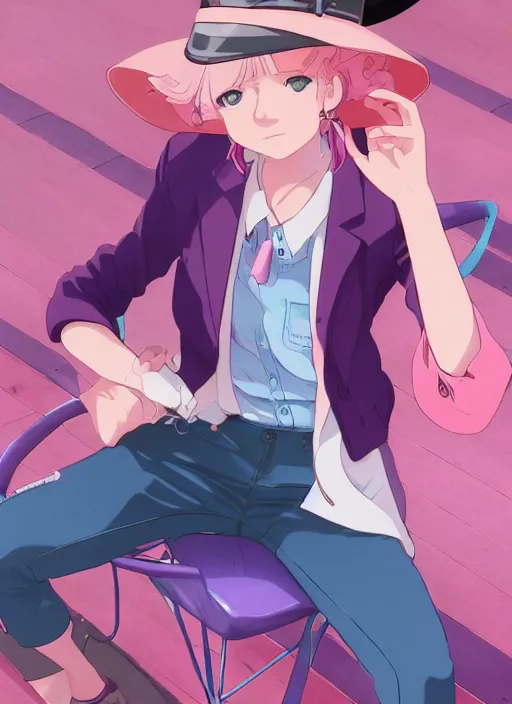 Image similar to a girl, with a wavy short pink hair and pink fedora hat, wearing a light pink jacket with a blue tie, purple gloves and blue jeans shorts. She is holding blue strings on her hand, rich vivid colors, ambient lighting, dynamic lighting, 4k, official media, anime key visual, makoto shinkai, ilya kuvshinov, lois van baarle, rossdraws, detailed, trending on artstation