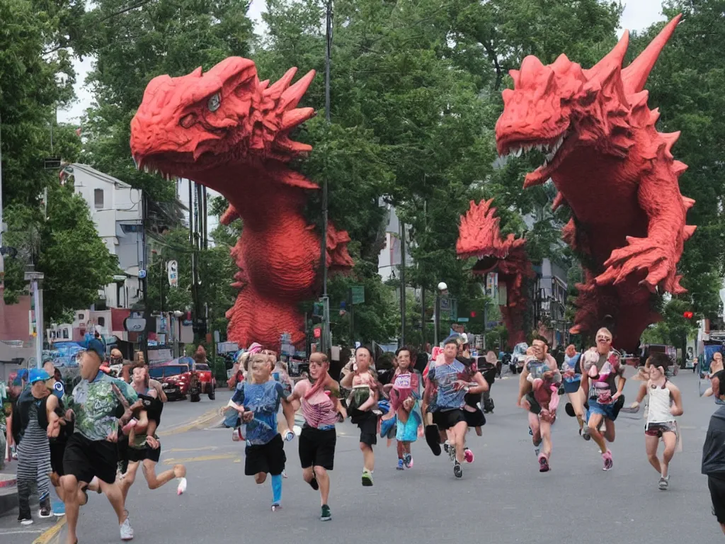 Image similar to Town running terrified from a giant inflatable Godzilla