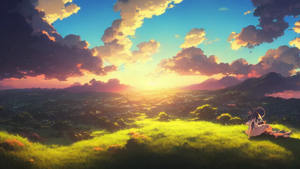 Prompt: a chocolate bar sat on the hillside and looked sky, dusk sky, beautiful sunset glow, large clouds, rich vivid colors, ambient lighting, dynamic lighting, official media, anime key visual, detailed, artwork by makoto shinkai, rossdraws.