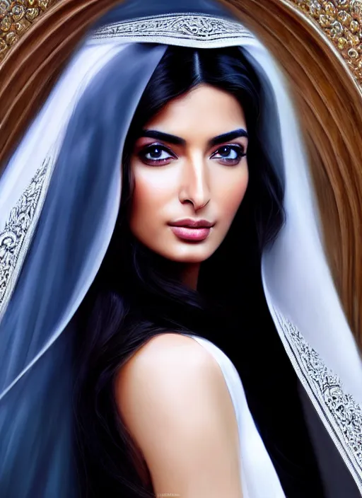 Image similar to beautiful ameera al taweel, blue eyes, long wavy black hair, white veil, in the style of stefan kostic, realistic, sharp focus, 8k high definition, insanely detailed, intricate, elegant, art by stanley lau and artgerm