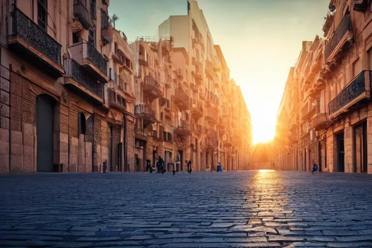 Image similar to dystopian barcelona city with sinked streets, global warming, sunset lighting, photoreal