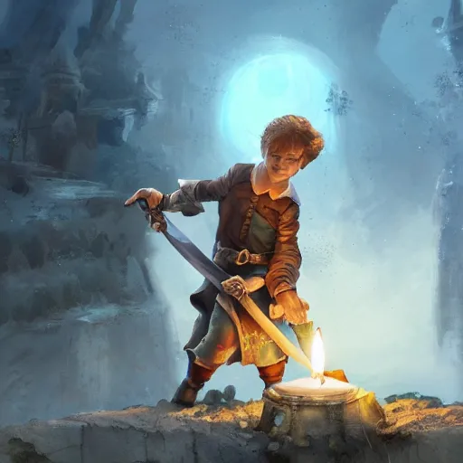 Prompt: concept art of a young swashbuckler holding a candle discovering a sunken city, highly detailed, digital art, illustration, artstation, very detailed, 4 k