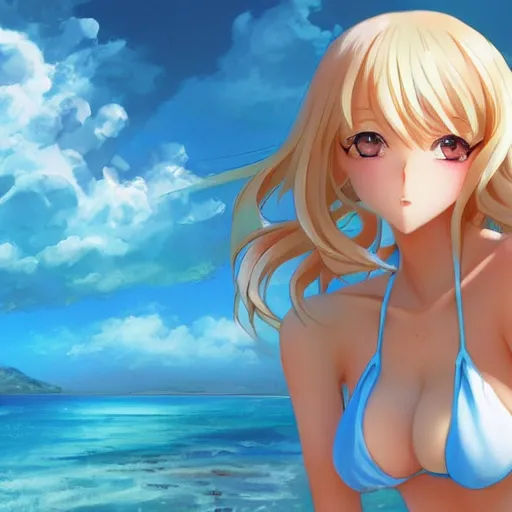 Image similar to a very beautiful young tennis anime cute girl, full body, long wavy blond hair, sky blue eyes, full round face, bikini, miniskirt, front view, mid - shot, highly detailed, cinematic wallpaper by stanley artgerm lau