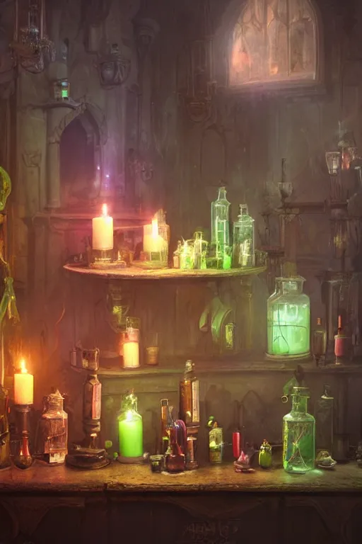 Prompt: a matte painting gothic counter parlor with bottles of potions and flickering candles colorful by greg rutkowski, tyler edlin