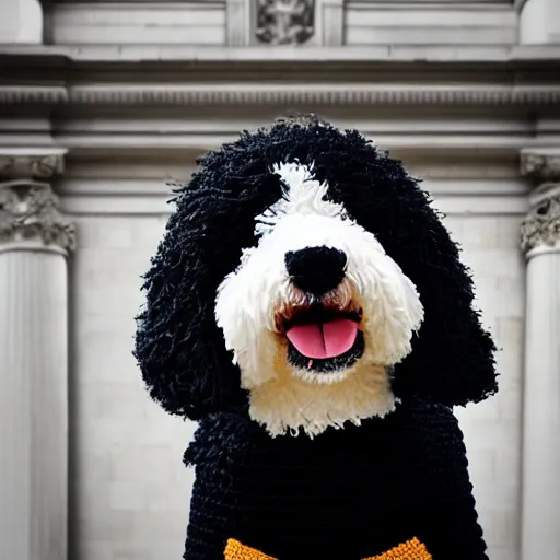 Image similar to a closeup photorealistic photograph of a cute smiling knitted bernedoodle judge dog dressed in a black gown, presiding over the courthouse. indoor image, professional capture, well lit shot. this 4 k hd image is trending on artstation, featured on behance, well - rendered, extra crisp, features intricate detail, epic composition and the style of unreal engine.