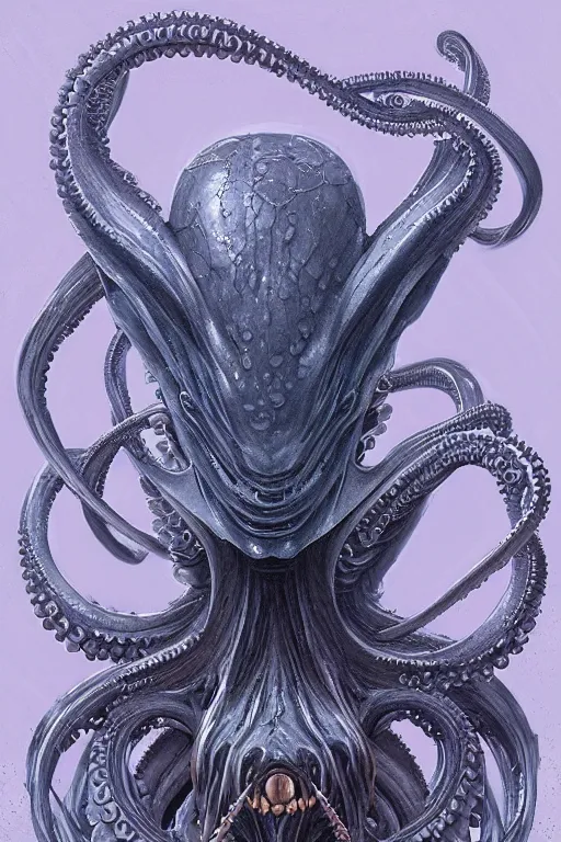 Prompt: digital portrait of octopus alien in the style of alien xenomorph, blue glow, machine face, intricate, elegant, highly detailed, digital painting, artstation, concept art, smooth, sharp focus, illustration, art by artgerm and greg rutkowski and hr giger, zdzisław beksinski, horror, slimy, blue glow 8 k