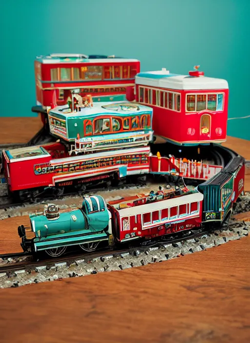 Prompt: wide - angle portrait of a retro tin toy train set, depth of field, zeiss lens, detailed, symmetrical, centered, fashion photoshoot, by nicoletta ceccoli, mark ryden, lostfish, earl nore, hyung tae, frank frazetta, breathtaking, 8 k resolution, extremely detailed, beautiful, establishing shot, artistic, hyperrealistic, octane render