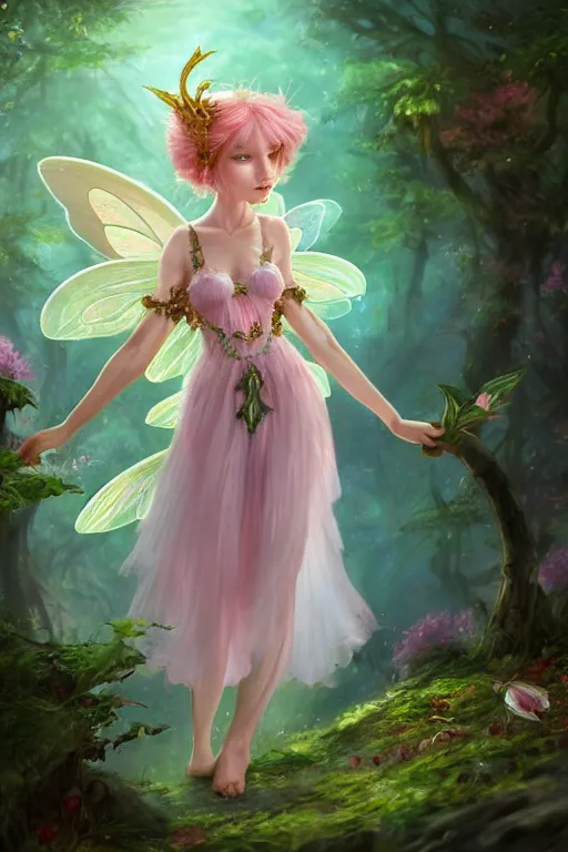 Image similar to a cute and geogerous fairy in the dreamy forest, fantasy, dreamlike, 8 k resolution, hyper detailed, d & d, character design, digital painting, trending on artstation, sharp focus, illustration, art by viktoria gavrilenko, hoang lap, fuji choko, steve zheng,